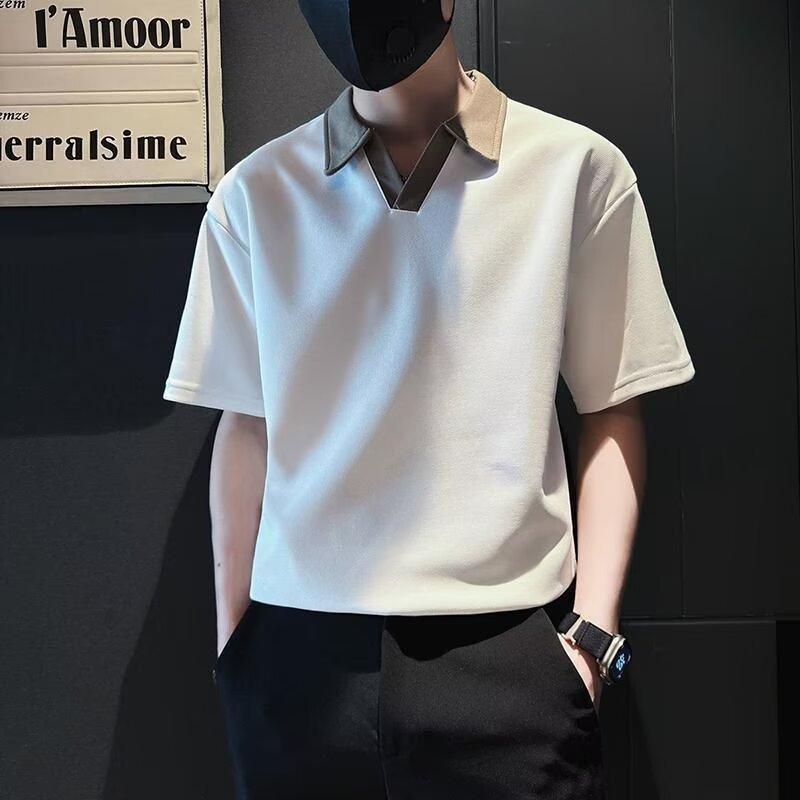 Men S Summer Contrast Collar Short Sleeve Loose Fit Polo Shirt M белый