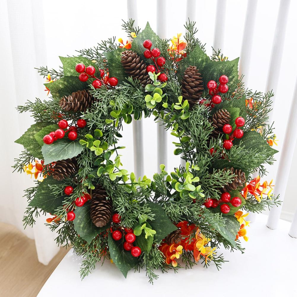 1PC Christmas Wreath 40CM Decorations Flower Christmas Wreath With Pinecones Berries Christmas Door Wall Decoration Garlands