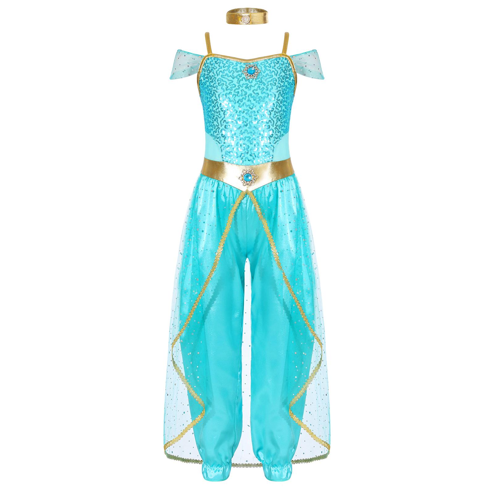 Mädchen Arabische Prinzessin Kostüm Ärmellos Glitzernde Pailletten Edelstein Patchwork Langer Jumpsuit Body 5-6 Years hellblaue
