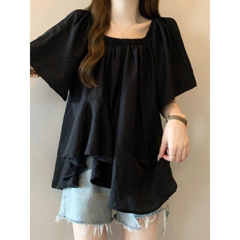 Asymmetrical Super Fairy Loose-Fit Belly-Covering Doll Shirt Short Sleeve