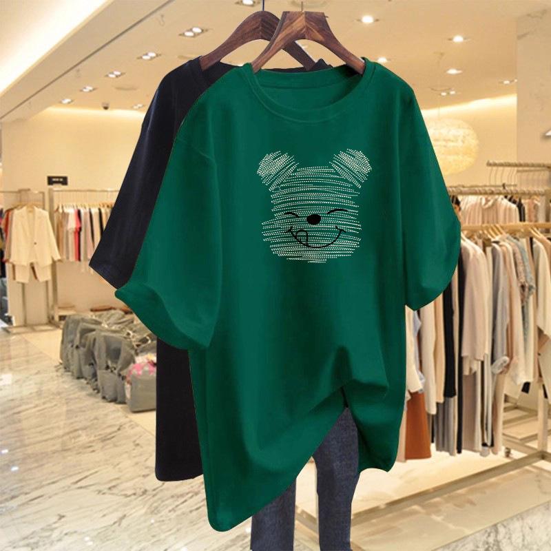 Women's Summer Loose Fit Cartoon Bear T-Shirt - Mid-Length, Round Neck, Short Sleeve, Versatile, Trendy Casual Style.