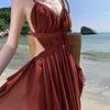 Zhao Ruth Xu Yan Suspender Dress Burgundy Seaside Vacation Travel Sexy Backless Beach Long Skirt