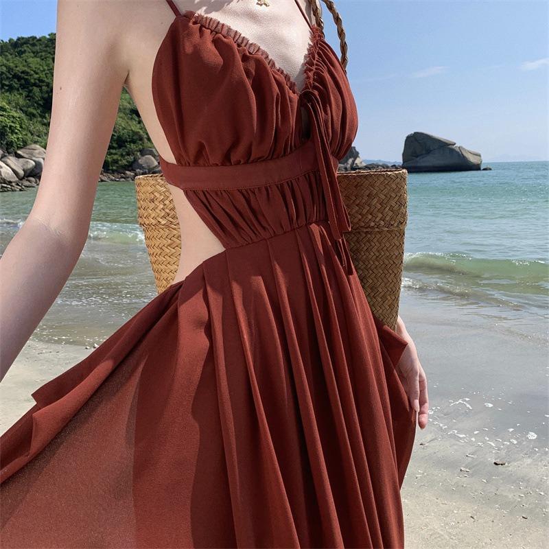 Zhao Ruth Xu Yan Suspender Dress Burgundy Seaside Vacation Travel Sexy Backless Beach Long Skirt