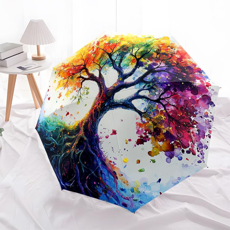 1 PC Automatic Folding Umbrella - Colorful Tree Pattern, Portable & Foldable Design with 8 Ribs, Christmas Birthday Gifts