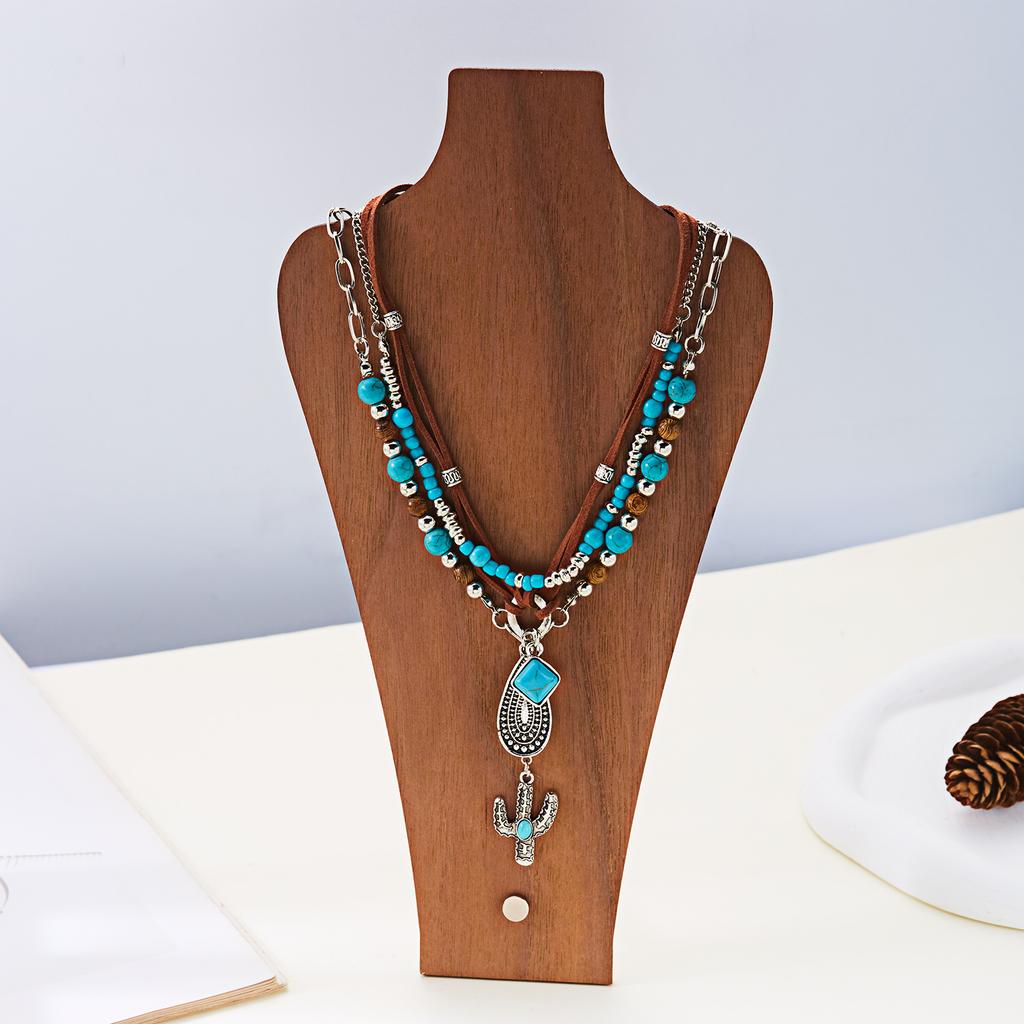 Set di cappello da cowboy western vintage, stivali, collana per donna, collana a catena stratificata con cactus rustico e testa di toro, gioielli di amicizia, regali