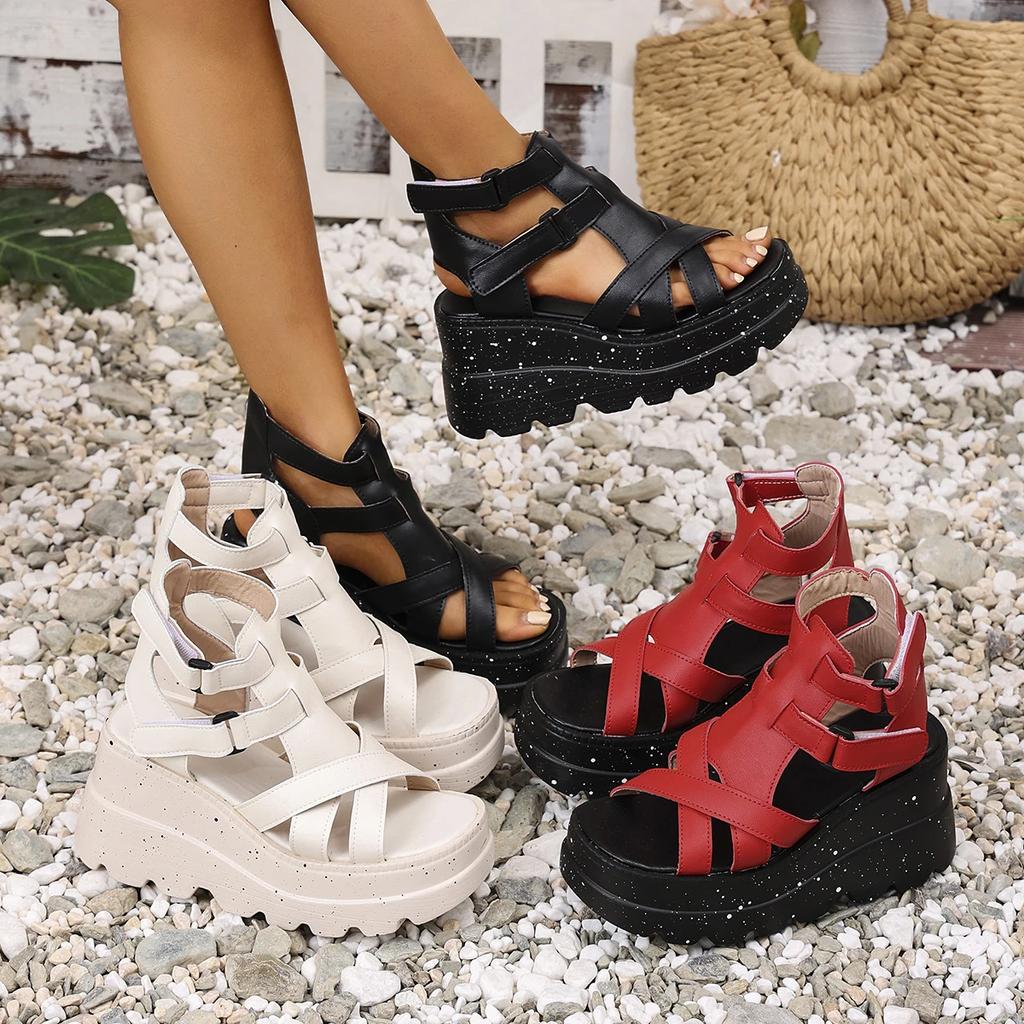 Women Sandals Summer Leather Platform Female Sandals Gladiator High Heels Sandals Women Chunky Outdoor Wedges Woman Shoe