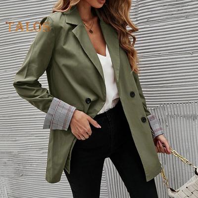 Damen Anzugmantel Revers Langarm Gestreifte Manschetten Anzugjacke mit Pattentaschen Einfarbig Lockere Passform Zweireihig Business Oberbekleidung