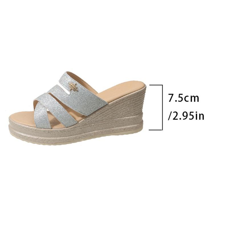 2024 Summer Fashion Open Toe Medium Heel Women's Slippers Hot Selling Solid Color Sequined Wedge Women's Beach Slippers