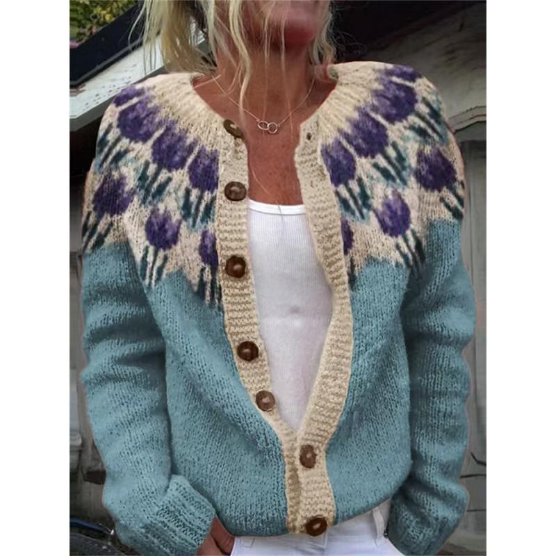 Womens Color Block Knit Cardigan Loose Fit Long Sleeve Geometric Casual Commute Style