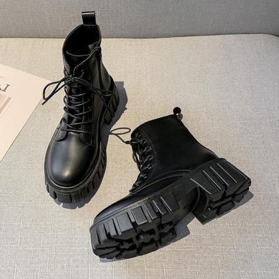 Mode Britischer Stil PU Leder Stiefeletten für Damen Herbst Winter Neue Mode Freizeitschuhe Damen Schwarz Weiß Plateau Stiefel Damen