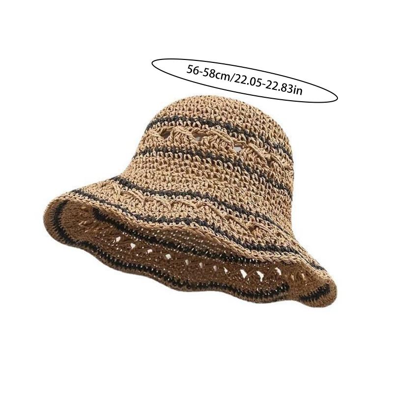 Striped Geometric Print Natural Straw Bucket Hats For Women Foldable Lightweight Sun Hatstravel & Vacation Essential