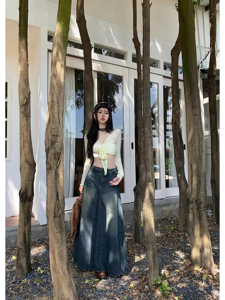 Women's High-Waist Summer 2024 Retro Washed Denim A-Line Skirt