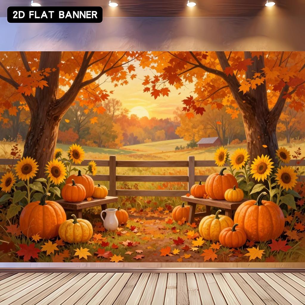 2D Flat Banner 1 Piece - Thanksgiving Autumn Party Background Fabric, Harvest Pumpkins and Sunflowerszyc