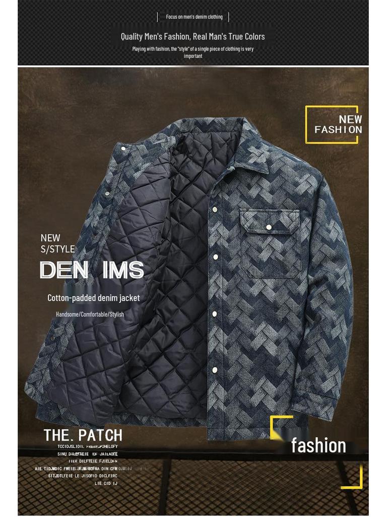 Men's Plus Size Plaid Denim Jacket - Cotton Padded for Autumn/Winter, Cool Biker Style