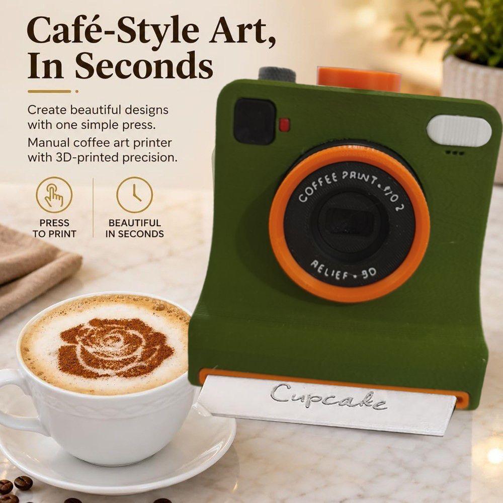 Funny 3D Printed Latte Camera Vintage Look One Touch Press Coffee Powder Print Camera Replaceable Cards Plastic