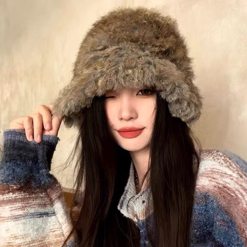 Women’s Hat Rabbit Fur Hat - Autumn Winter Warm Thickened Cold-proof Plush Bucket Hat