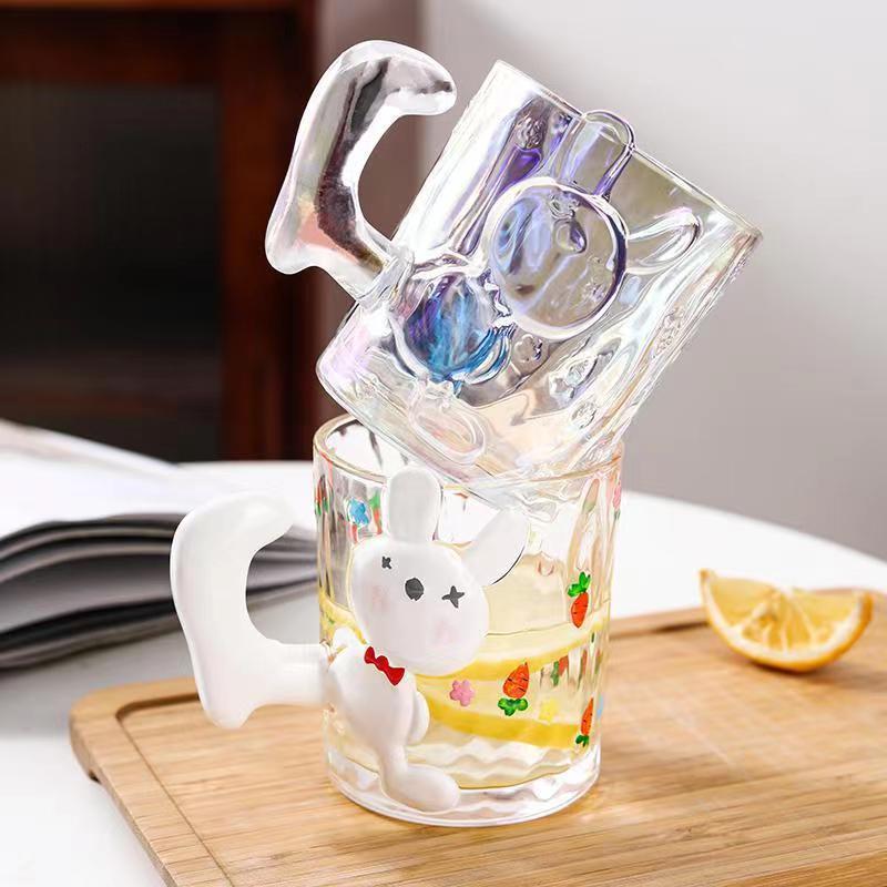 Rabbit Hand-painted Glass Cup High Appearance Value Household Juice Water Painted Drinking Glasses  Ice Coffee Cup Drinkware