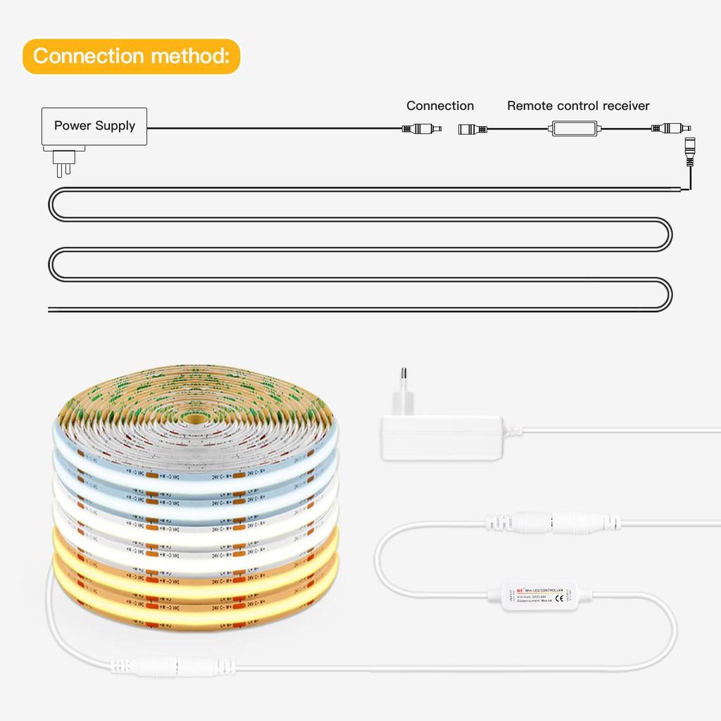 Doppelfarben 2700K bis 6500K Wechselbare CCT COB LED-Streifenleuchte 24V Kabellose Fernbedienung Dimmbares FOB LED-Band für Raumdekoration