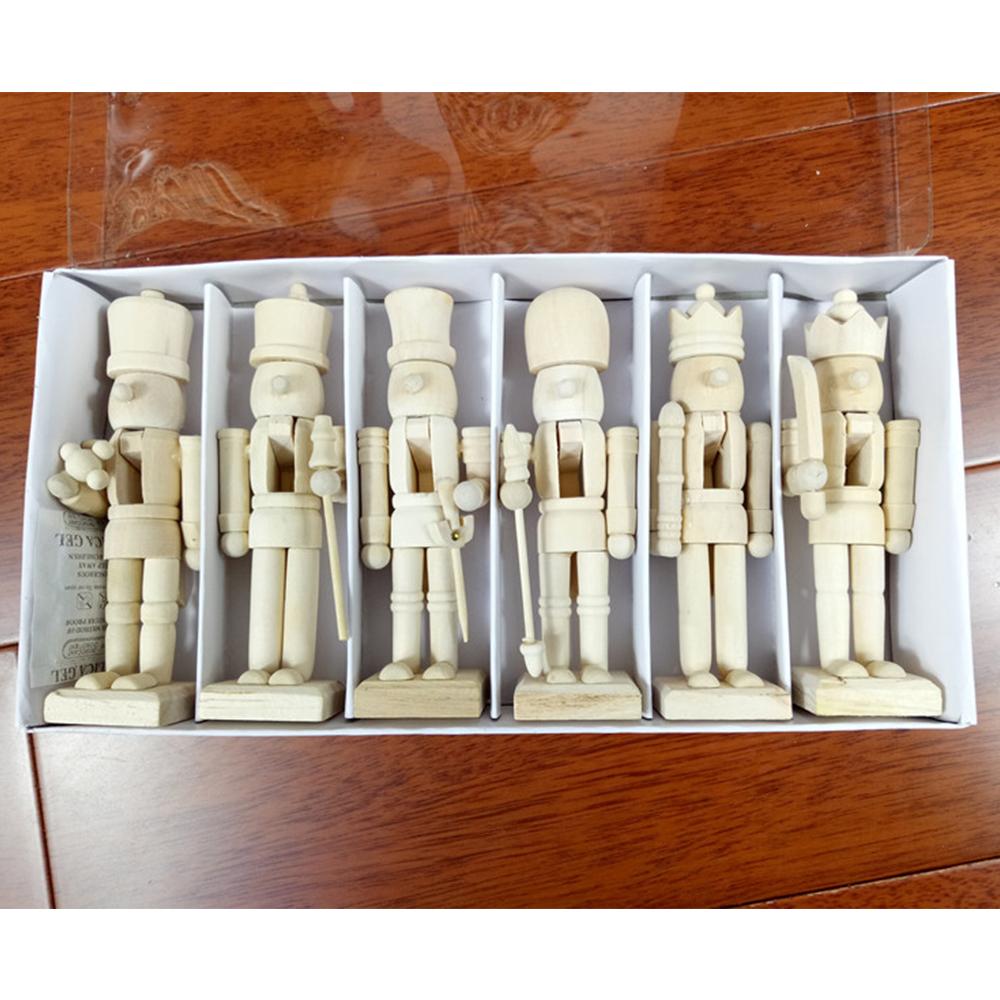 6PCs Christmas DIY Crafts Wooden Unfinished Nutcracker Figurine Unpainted Nutcracker Puppet Walnut Soldier Ornament Unfinished