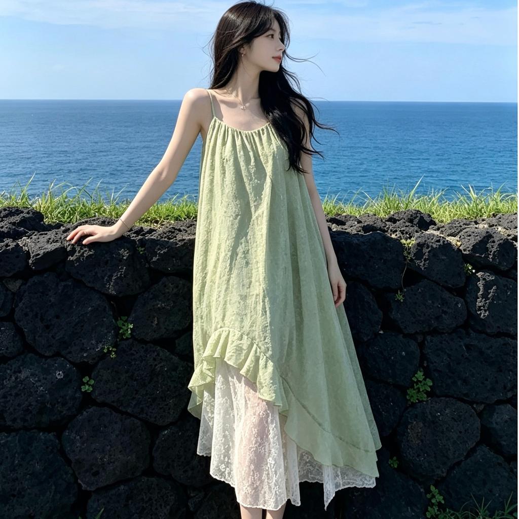 Light green seaside vacation suspender skirt women's medium and long 2026 summer new French thin small fresh dress