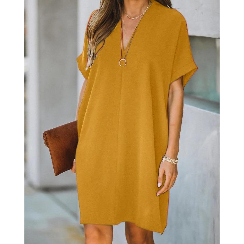 YYFS Women's Fashion Summer Spring Solid Color Print Short Sleeve V-Neck Loose Waistline Casual Dresses