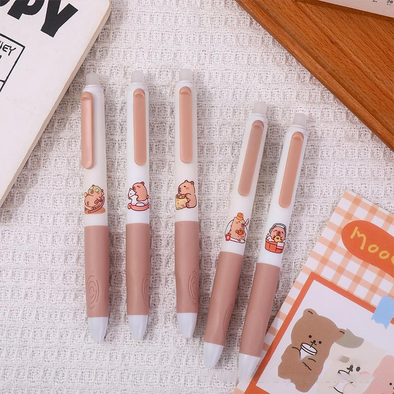 Lot de 5 stylos gel Capybara mignons, stylos effaçables bleus à séchage rapide, fournitures scolaires et de bureau, papeterie esthétique Kawaii