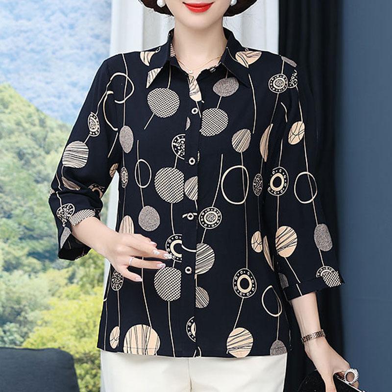 Vintage Broken Printed Blouse Spring Summer 3/4 Sleeve Turn-down Collar Commute Single-breasted Shirt
