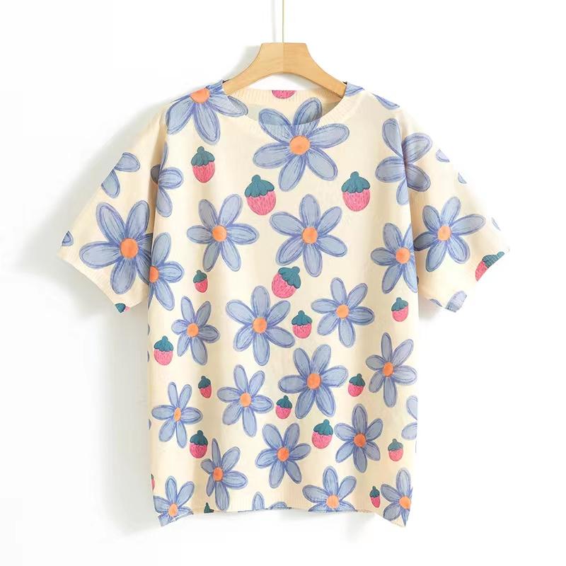 Dámské ležérní pletené topy do O s krátkým rukávem jarní pletené svetry s květinovým potiskem dámské prodyšné triko