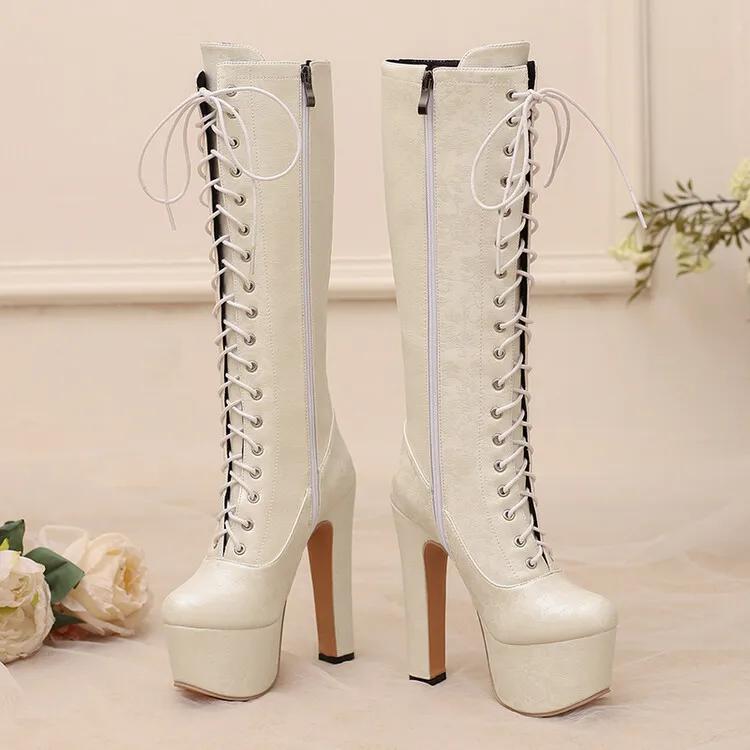 Móda Nové Potištěné Křížové Pásky Černé Bílé Kozačky nad Koleno Evropské Americké Dámské Vodotěsné Platformové Kozačky na Vysokém Podpatku 15cm 47