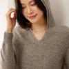 Women's Pure Wool Pointelle Hooded V-Neck Sweatshirt, Casual Loose Knit Sweater
