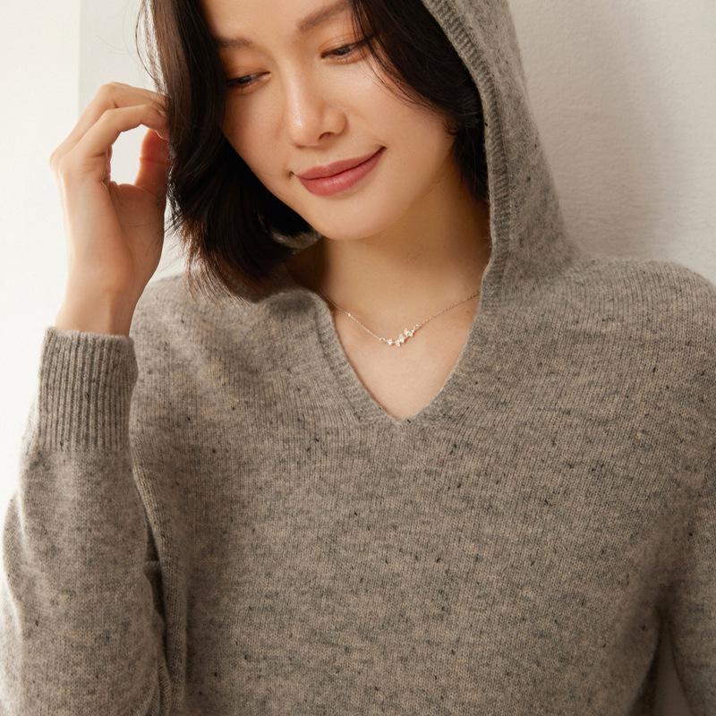 Women's Pure Wool Pointelle Hooded V-Neck Sweatshirt, Casual Loose Knit Sweater
