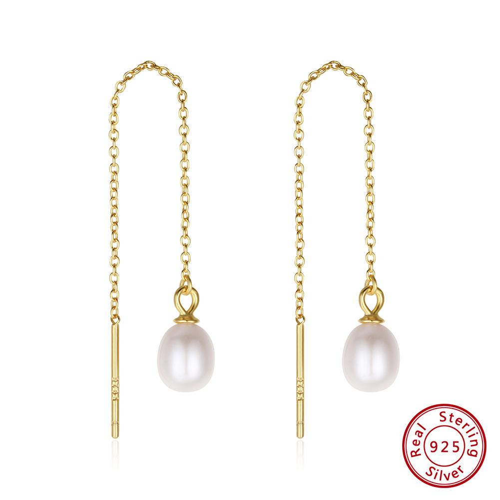 Effie Queen Elegance 925 Silver Freshwater Pearl Tassel Chain Earrings Minimalist Vintage Pearl Drop Earring Fine Jewelry GPE75