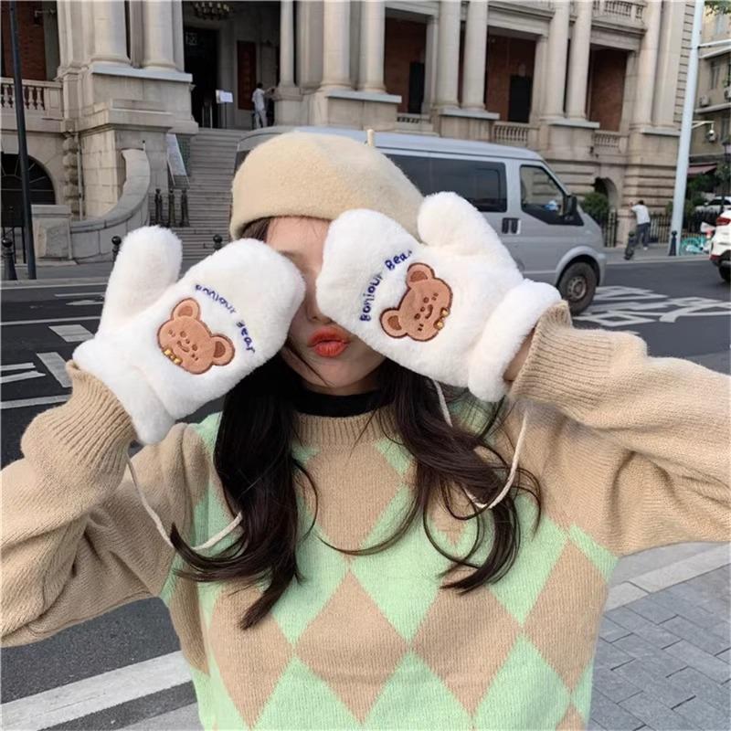111 cute plush cartoon bear warm gloves cycling winter thickened birthday gift practical girl