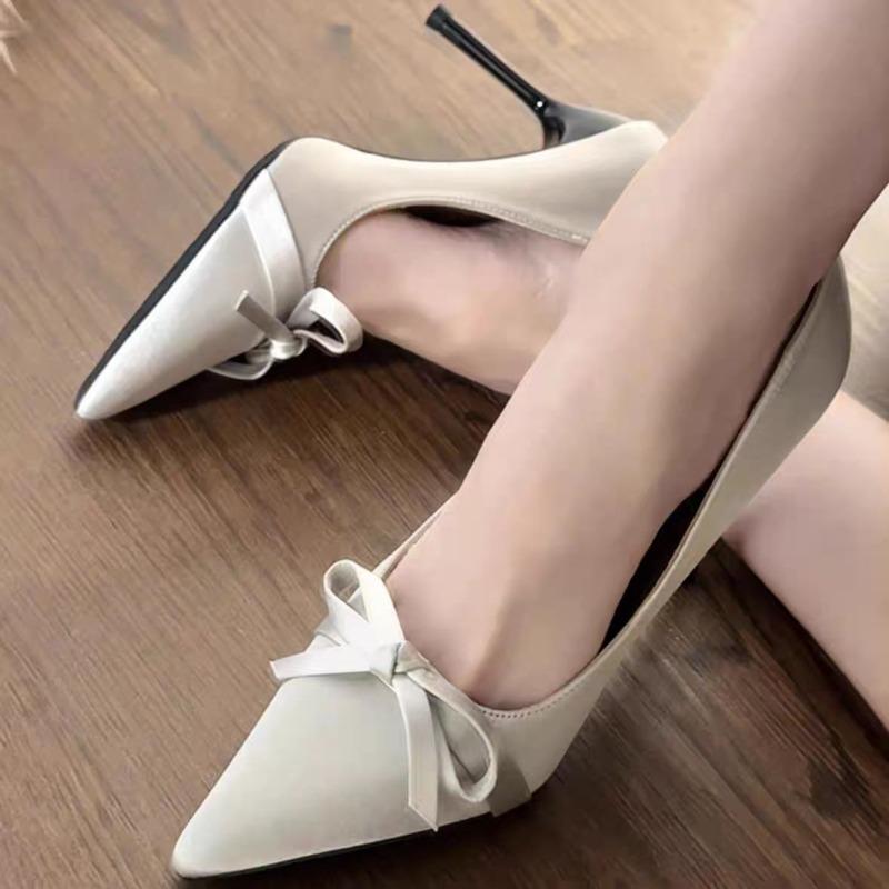 Spring New Thin Heel Single Shoes Pointed Head Shallow Mouth Butterfly Knot Set Foot Anti-slip Wear-resistant High Heels