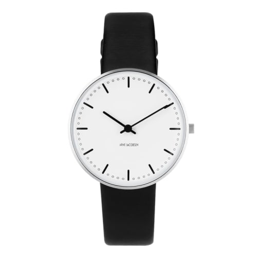ARNE JACOBSEN CITYHALL 53201-1601 Watch, 34mm, Scandinavian Design, Water Resistant (Quiet Design with No Second Hand), White with Black Leather Strap