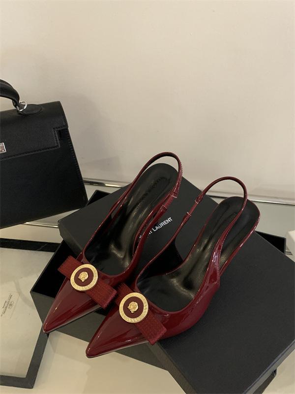 

2025 summer new high heels thin heel pointed French temperament bow light mouth empty women s sandals 39 красный