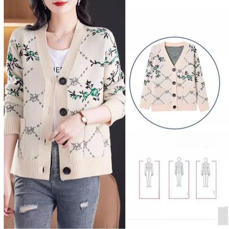 Autumn Winter Women's Plus Size Knitted Cardigan V-neck Printed Knitted Cardigan Sweater Jacket Knitted Top Outerwear.