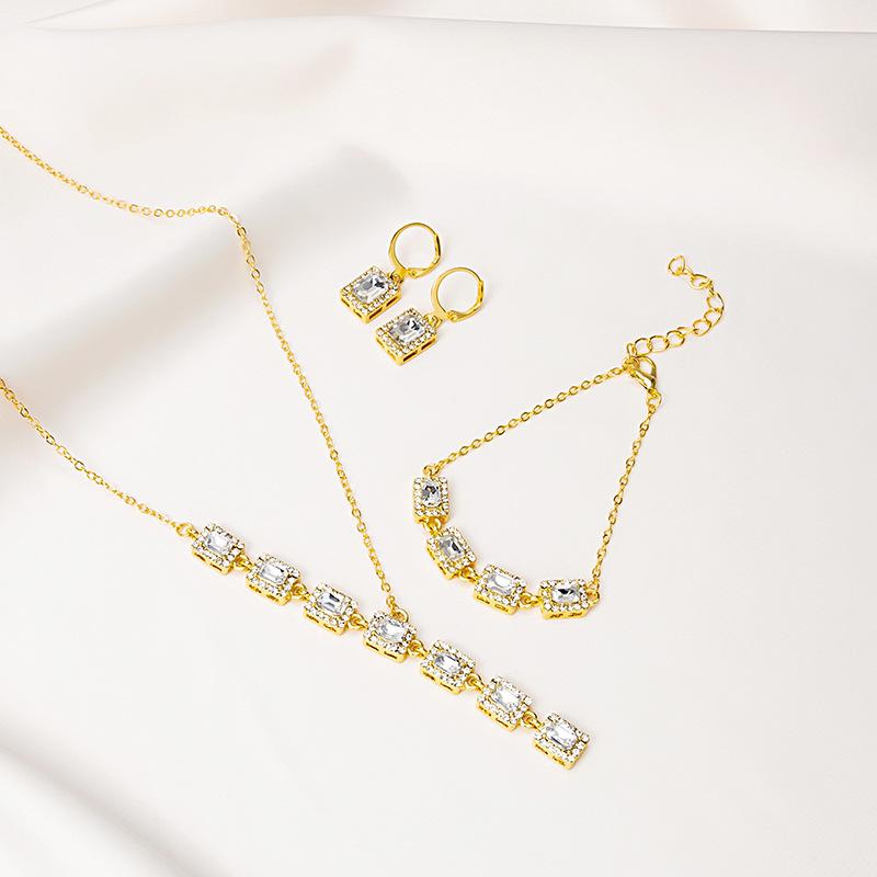 Luxury Super Flash Full Diamond Square Emerald Necklace Set, Yellow Pink Crystal Bracelet Earrings Jewelry