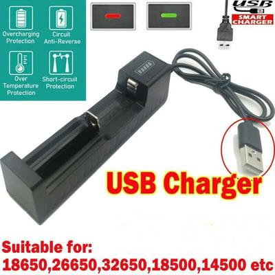 1-Slot 3.7V USB Lithium Battery Charger with Indicator Light - Rechargeable for 16340, 14500, 18650, 26650 Batteries