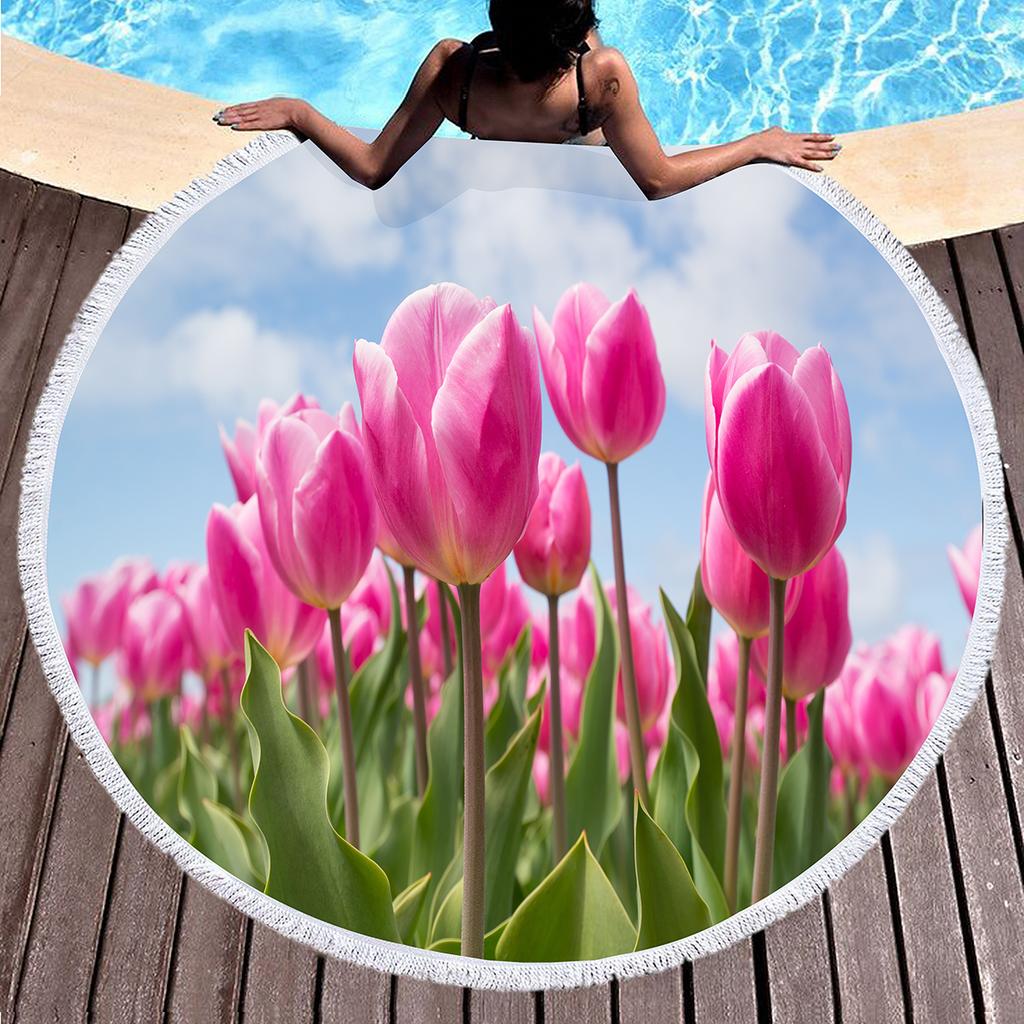 Round Beach Towel Flower Tulip Microfiber Beach Towels Quick Dry Super Absorbent Pool Towels Sand Free Beach Blanket for Pool
