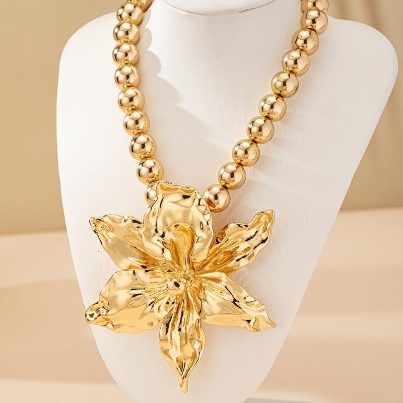 1Pc Boho Beaded Chain Metal Large Volume Flower Pendant Necklace For Women Daily Occasion Party Evening Wear