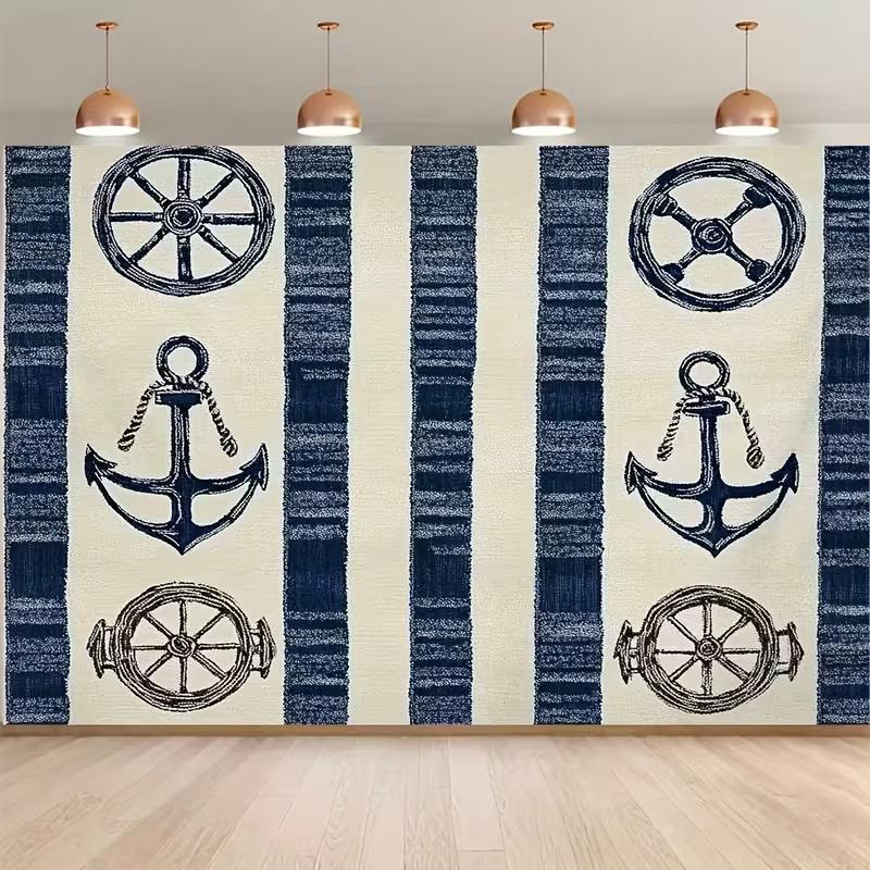 

2D Coastal Themed Backdrop Navy Blue & Beige with Anchors and Ship Wheels Party Photo Background 47.2x31.5inch/120*80cm