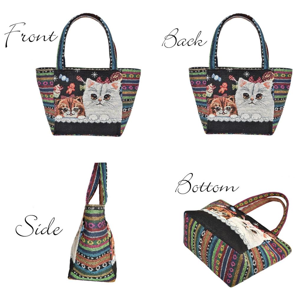 Mini Cat Print Tote Bag, Lunch Bag, Mini Tote, Lightweight, Cat, Cobran Weave, Handbag, Sub-Bag, ki-188 (No. 3 Pattern)