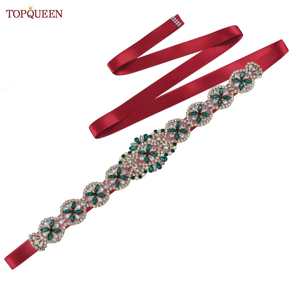 TOPQUEEN S161-KL Neuer Brautgürtel für Hochzeitskleider für Frauen in Gold, handgefertigt, Luxus-Schärpe, Zubehör für das tägliche Partykleid, grüner Strass