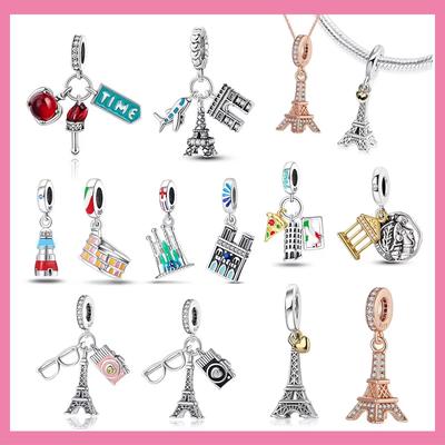 Kreativer 925er Silber Eiffelturm Gold Herz Doppel-Charm Passend für DlY Armbänder Halsketten Damen Dating Schmuckzubehör