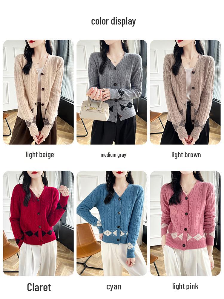 Women's V-Neck Oversized Cable Knit Color Block Cardigan - Casual Long Sleeve Wool Sweater