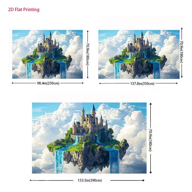 2D Enchanted Sky Tapestry, Dreamy Cloud Castle with Blue Waterfalls Background Cloth