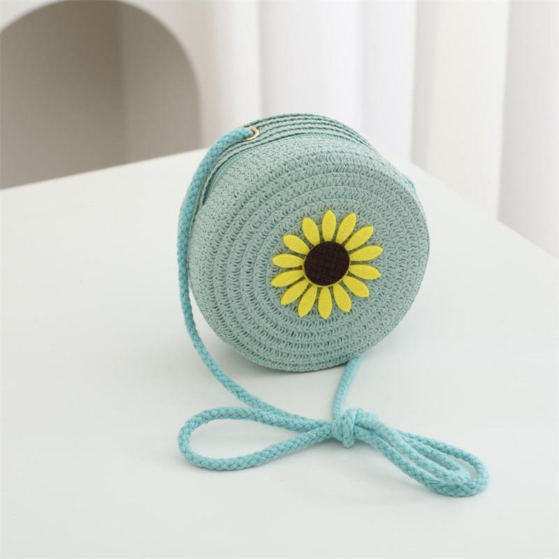 Summer Solid Color Straw Bag Shoulder Messenger Round Bag Children Versatile Outing Beach Bag Light Board DIY Round Weaving