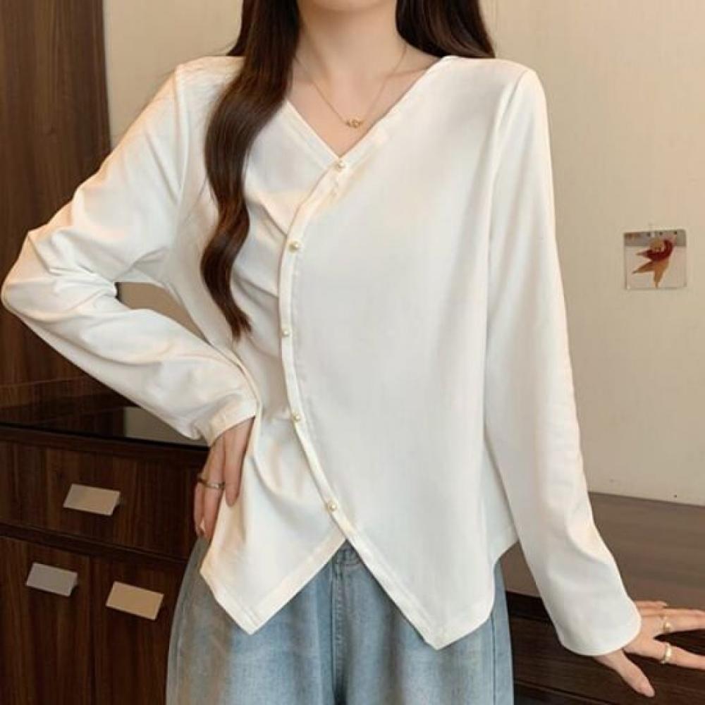 NaVaVa RomanTic Pearl BuTTon PoinT V Neck Long sleeVe T shirT nT2937