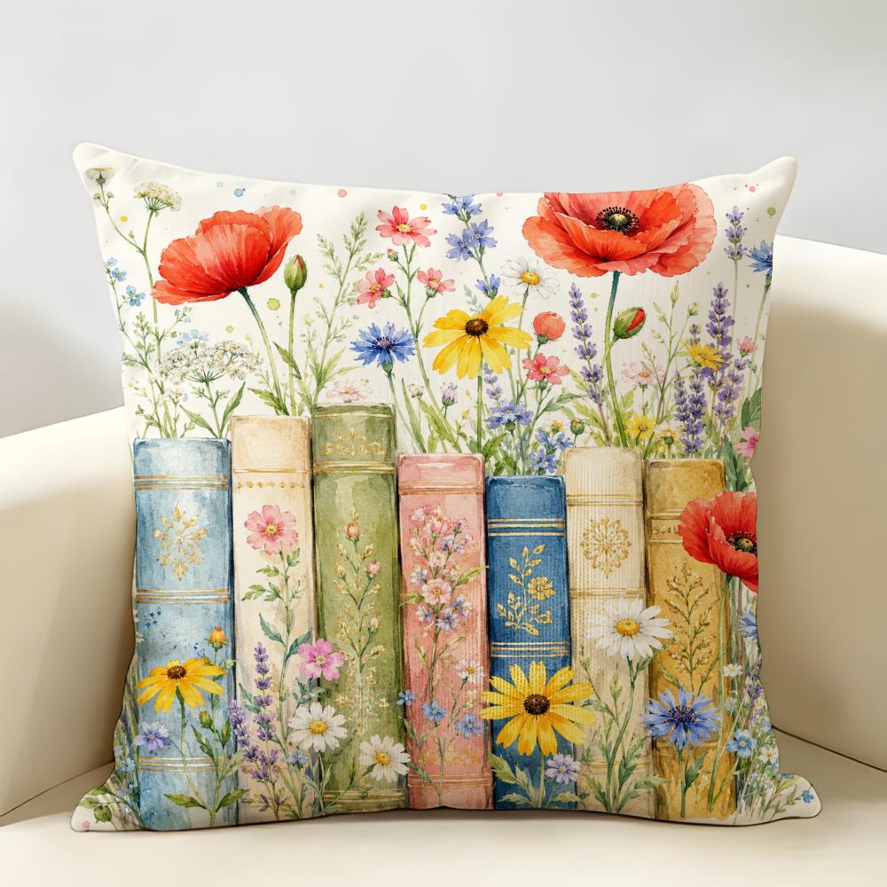 Colorful Flower Bookshelf Cushion Cover Durable Hypoallergenic Organic Linen Short Pillow Cover Washable